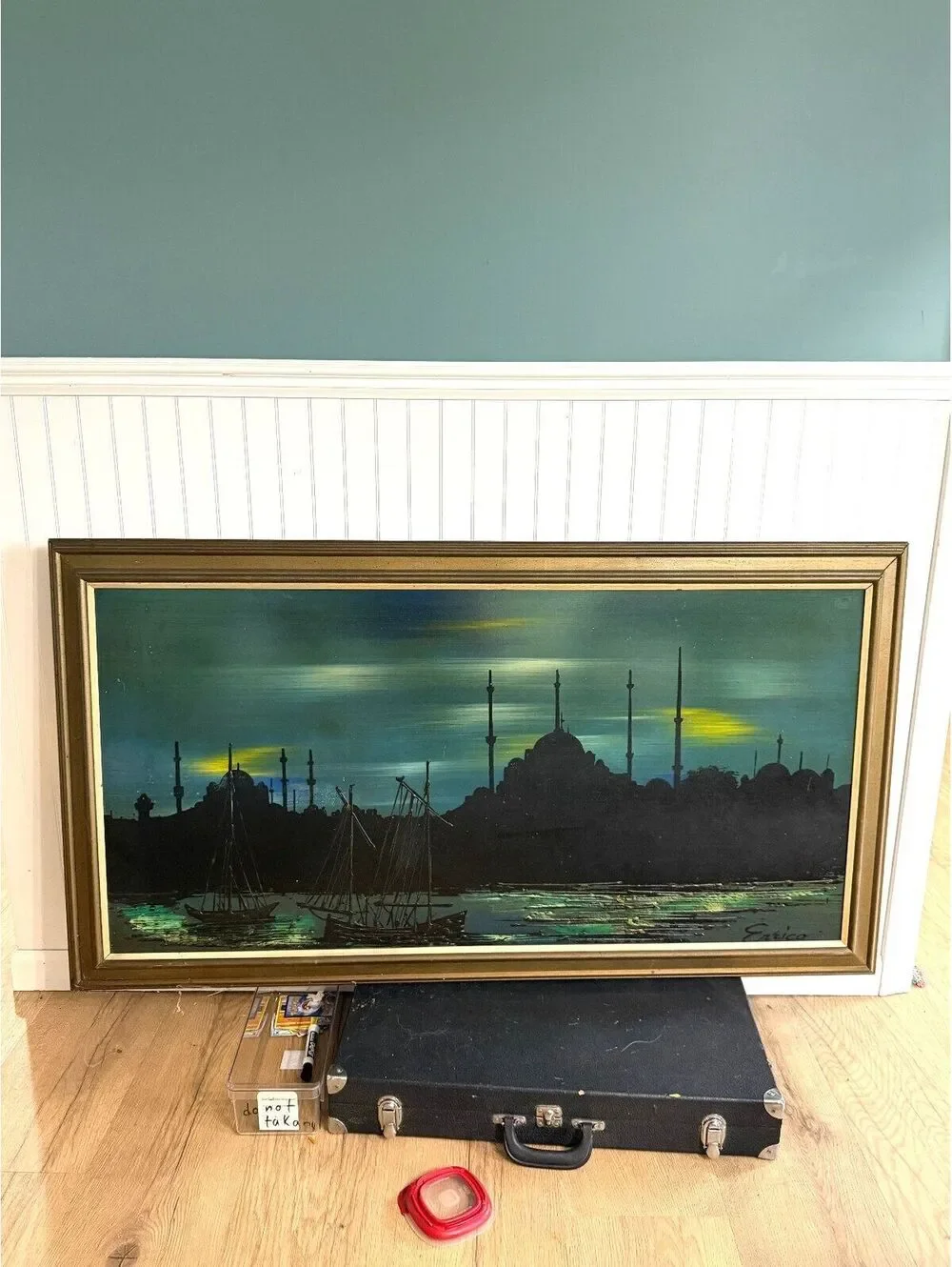 MCM Framed Signed Painting of City Skyline at Dusk  52” x 28.5”